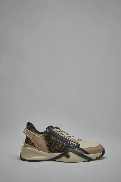 Fendi Beige Leather Sneakers With Ff Motif In Brown