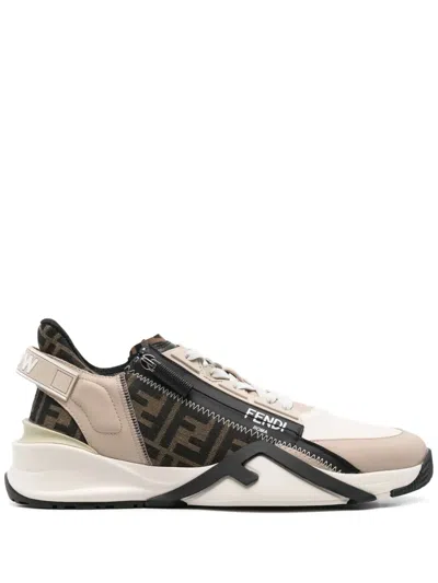 Fendi Beige Leather Sneakers With Ff Motif In Brown