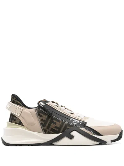 Fendi Beige Leather Sneakers With Ff Motif In Brown