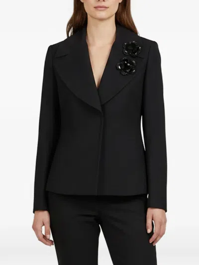 Pre-owned Fendi Flower Appliqué Wide-lapel Blazer In Black