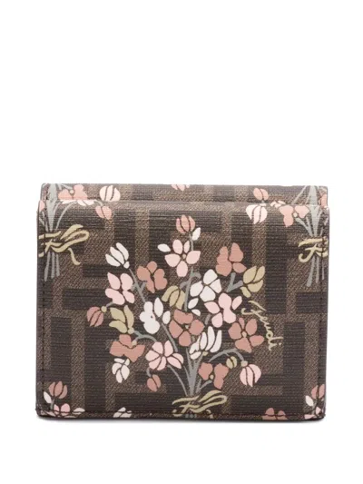 Fendi Flower Bouquet Ff Fabric Medium Tri-fold Wallet In Brown