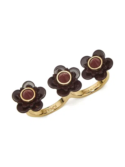 Pre-owned Fendi Flower Two-finger Ring In Gold