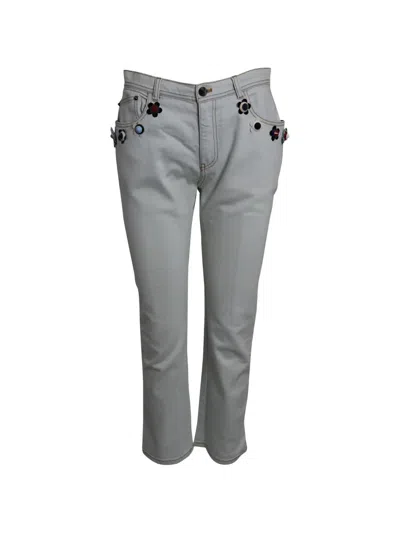 Pre-owned Fendi Flowerland Cotton Denim Trousers In Gray