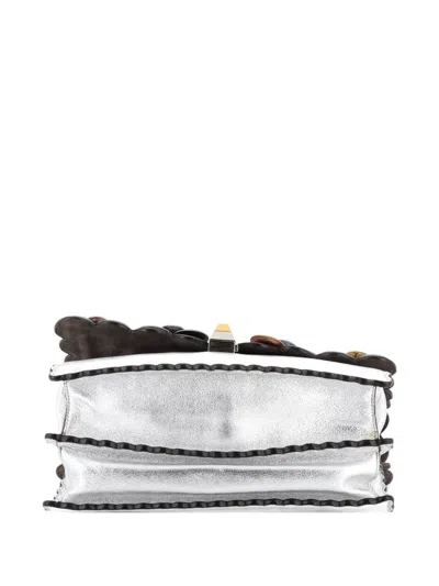 Pre-owned Fendi Flowerland Kan I Bag Embellished Leather Medium Shoulder Bag In Gray