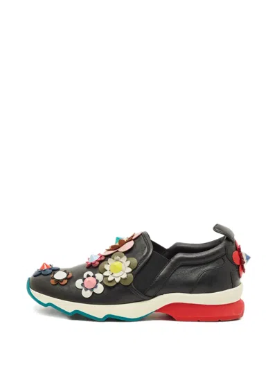 Pre-owned Fendi Flowerland Leather Slip-one Sneakers In Black