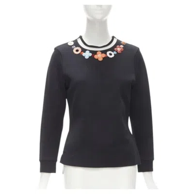 Pre-owned Fendi Flowerland Leather Spike Stud Mesh Crew Neck Pullover Sweater S In Black