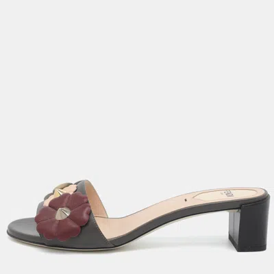 Pre-owned Fendi Flowerland Size 36.5 Dark Grey Leather Heel Slide Sandals In Gray