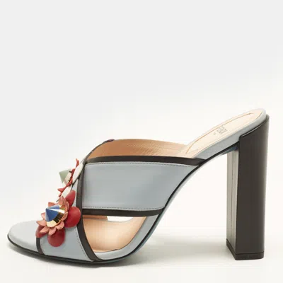 Pre-owned Fendi Flowerland Size 37 Blue Leather Slide Sandals