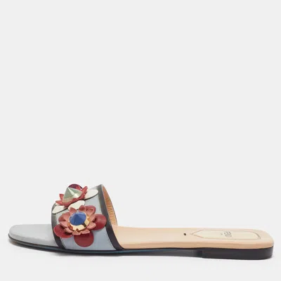 Pre-owned Fendi Flowerland Size 37 Light Blue Leather Flat Slide