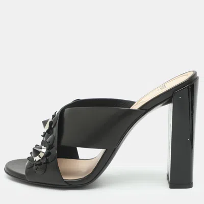 Pre-owned Fendi Flowerland Size 40 Black Leather Crisscross Slide Sandals