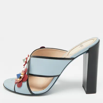 Pre-owned Fendi Flowerland Size 41 Light Blue/black Leather Criss Cross Slide Sandals