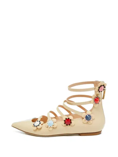 Pre-owned Fendi Flowerland Strappy Ballet Flats In Neutral