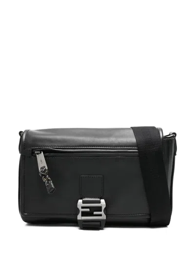 Fendi Flux Buckle Leather Messenger Bag In Black