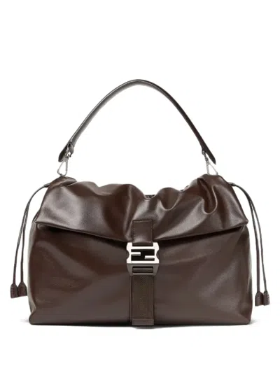 Fendi Flux Ff-buckle Leather Shoulder Bag In Brown