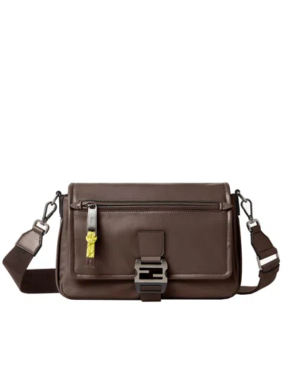 Fendi Flux Messenger Bag Leather Adjustable Strap In Brown
