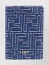 Fendi Card Holder In Jacquard Ff Blue Denim Effect And Brown Leather Men In Blue