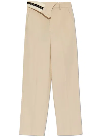 Fendi Wide Leg Gabardine Trousers With Cropped Length In Beige