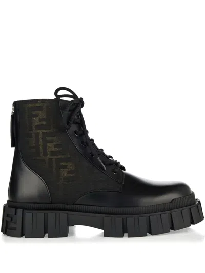 Fendi Black Leather And Brown Ff Jacquard Biker Boots