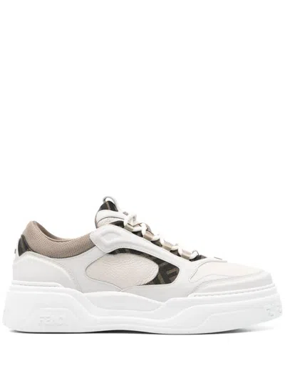Fendi Force Leather Sneakers With Ff Jacquard And Mesh Details Shoes In White