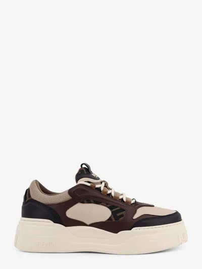 Fendi Force Leather Sneakers With Ff Jacquard Fabric Inserts In Brown
