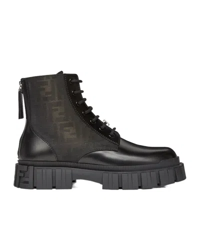 Fendi Black Leather And Brown Ff Jacquard Biker Boots