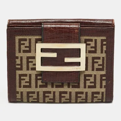 Pre-owned Fendi Forever Brown Zucchino Fabric And Leather French Wallet