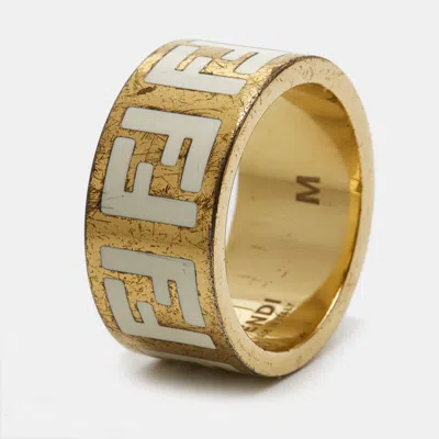 Pre-owned Fendi Forever Enamel Gold Tone Ring Size 55
