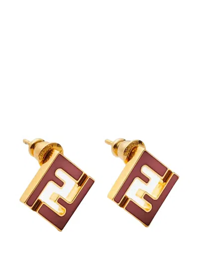 Fendi Ff Square Earrings Metal Gold Tone In Burgundy