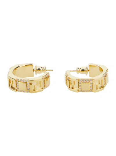Fendi 'forever' Gold-colored Earrings With Embossed Ff Detail And Crystal Decoration In Brass Woman In Multicolor