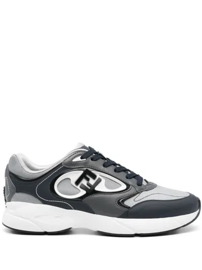 Fendi Gray Mesh And Blue Leather Low-tops In Multi