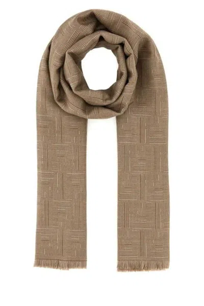 Fendi Embroidered Wool Blend Scarf In Camel