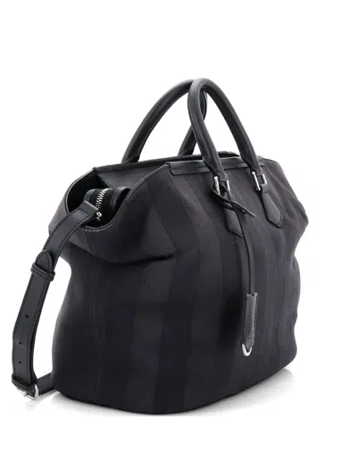 Pre-owned Fendi Frame Convertible Pequin Canvas Medium Satchel In Black