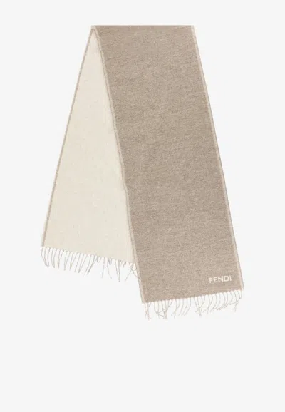 Fendi Frayed Cashmere Logo Scarf In White