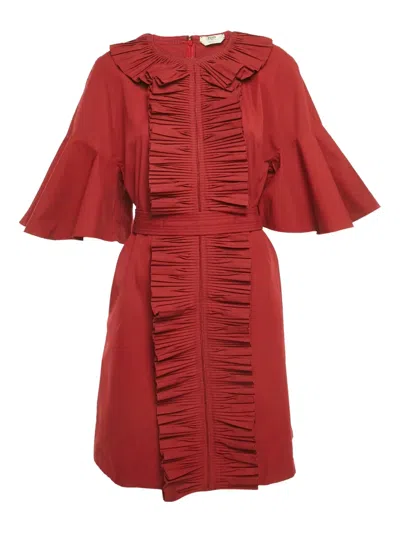 Pre-owned Fendi Frill-detail Belted Mini Dress In Red