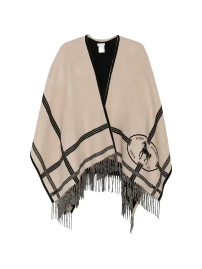 Fendi Fringe-trimmed Striped Poncho In Neutral