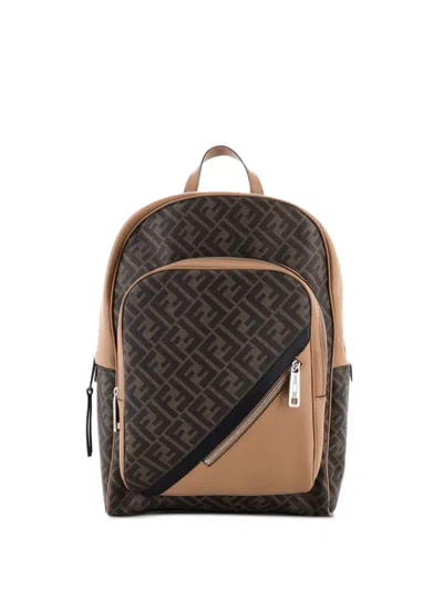 Pre-owned Fendi Front Pocket Chiodo Zucca Coated Canvas With Leather Large Backpack In Brown