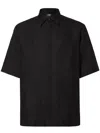 Fendi Men Black Oversize Shirt With Short Wide Sleeves And All-over Ff Embroidery In Linen Blend Man In Black