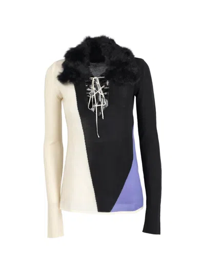 Pre-owned Fendi Fur-collar Drawstring-detail Sweater In Black