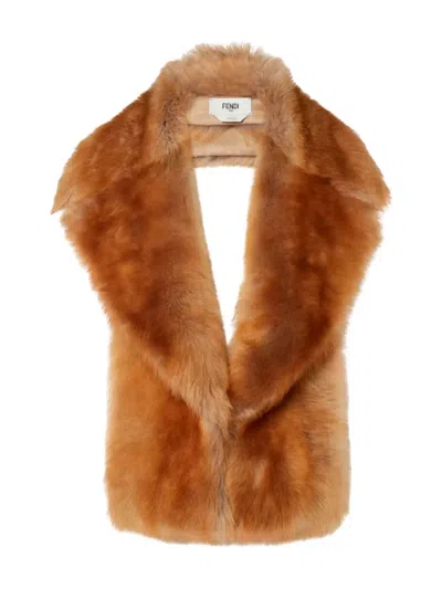 Fendi Caramel-colored Dorsato Shearling Scarf In Brown