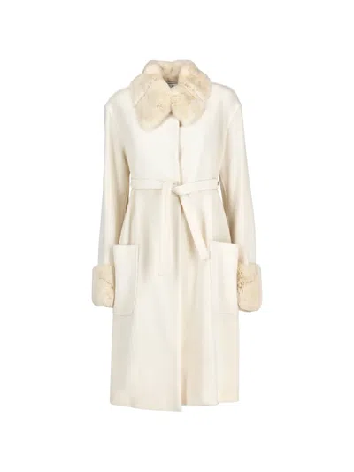 Pre-owned Fendi Fur-trim Belted Coat In White