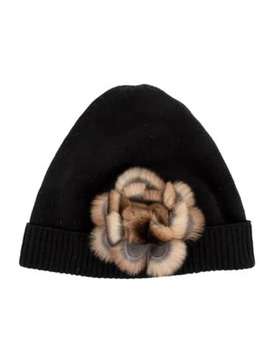 Pre-owned Fendi Fur-trimmed Flower Beanie In Black