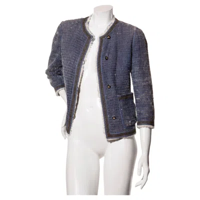 Pre-owned Fendi Fw15 Tweed Fur Lined Jacket It 40 Us 4 Blue Rabbit Fur Made In Italy