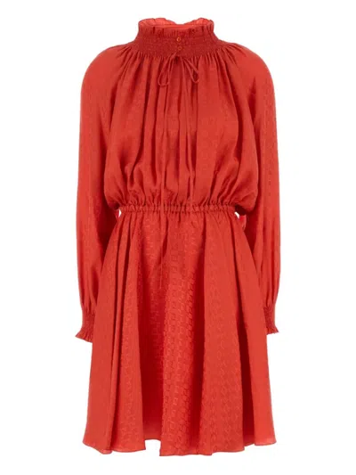 Fendi Gathered Waist Red Dress With Ruffled Neckline