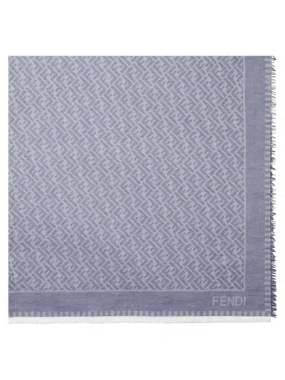 Fendi Geometric Patterned Cotton Scarf With Subtle Fringe In Gray