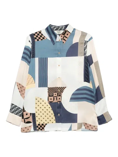 Pre-owned Fendi Geometric-print Silk Shirt In Blue