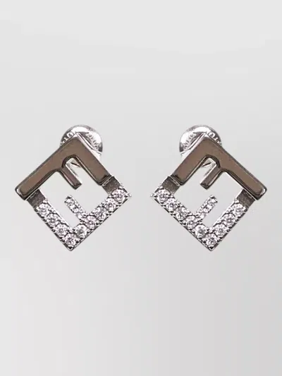 Fendi Geometric Stone Detail Silver Tone Stud Earrings