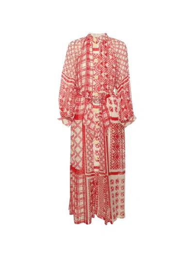 Pre-owned Fendi Geometric-print Belted Maxi Dress In Red