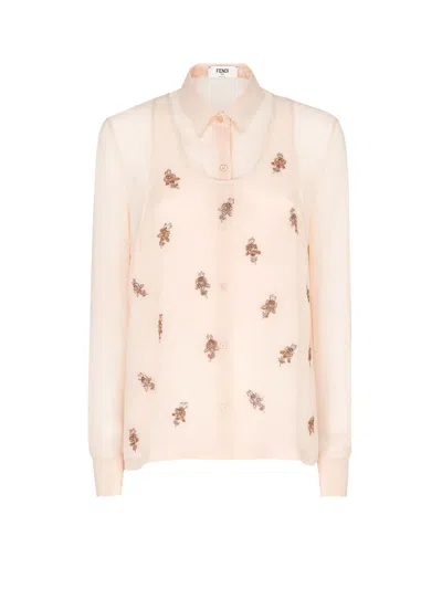 Fendi Georgette Top With Rhinestones And Sequins Embroidery In White
