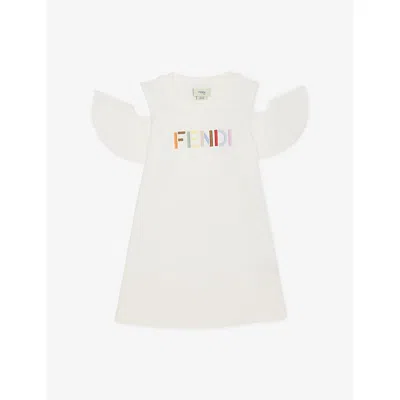 Fendi Kids' Gesso Brand-embroidered Cold-shoulder Cotton-jersey Dress 4-6 In White