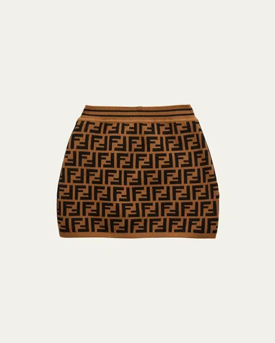 Fendi Kids' Girl's Knit Monogram Intarsia Skirt In Brown Pink